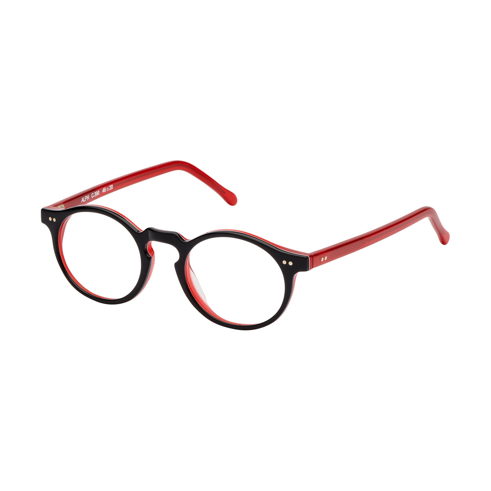 Lunettes de soleil de forme ronde, couleur noir et rouge, vues de profil